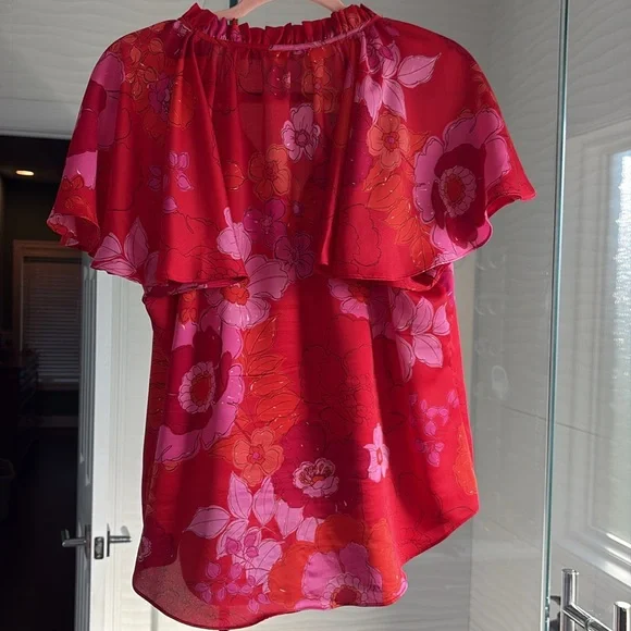 Trina Turk Red Flutter Sleeve Blouse with Tie Front - Picture 3 of 3